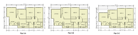 Floor plan for 3 beds, 1 bath, 994 sqft